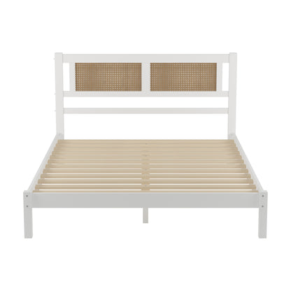 Queen Size Wood Platform Bed with Natural Rattan Headboard,Exquisite Elegance with Minimalist Charm for Bedroom,White