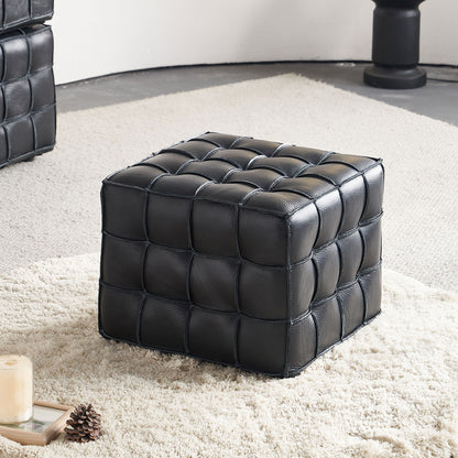 17.32''W Genuine Leather Tufted Ottoman,Footstool for Living Room & Bedroom,Black Color