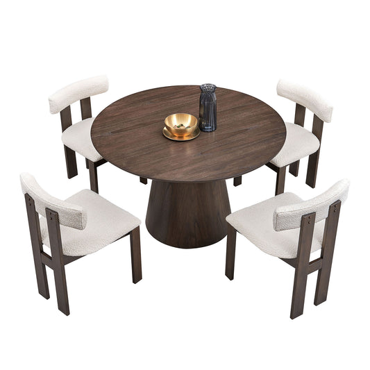 (1 Table with 4 Chairs)Wooden Dining Table Set, Modern Round MDF Kitchen Table and Boucle Upholstered Dining Chairs for Dining Room, Kitchen, Saving Space, Dark Brown