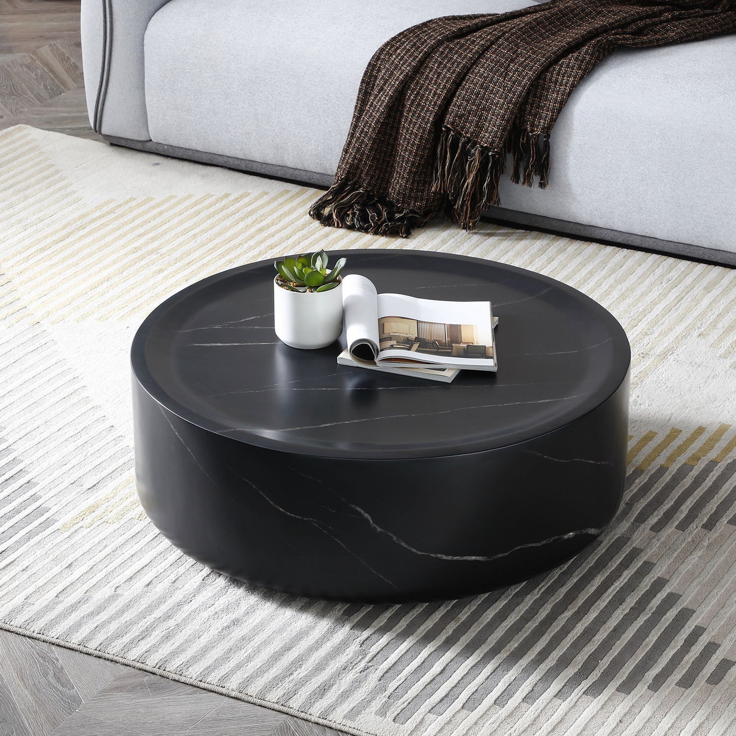 39.37'' Black Marble Round Coffee Table Sturdy Fiberglass table for Living Room ,No Need Assembly.