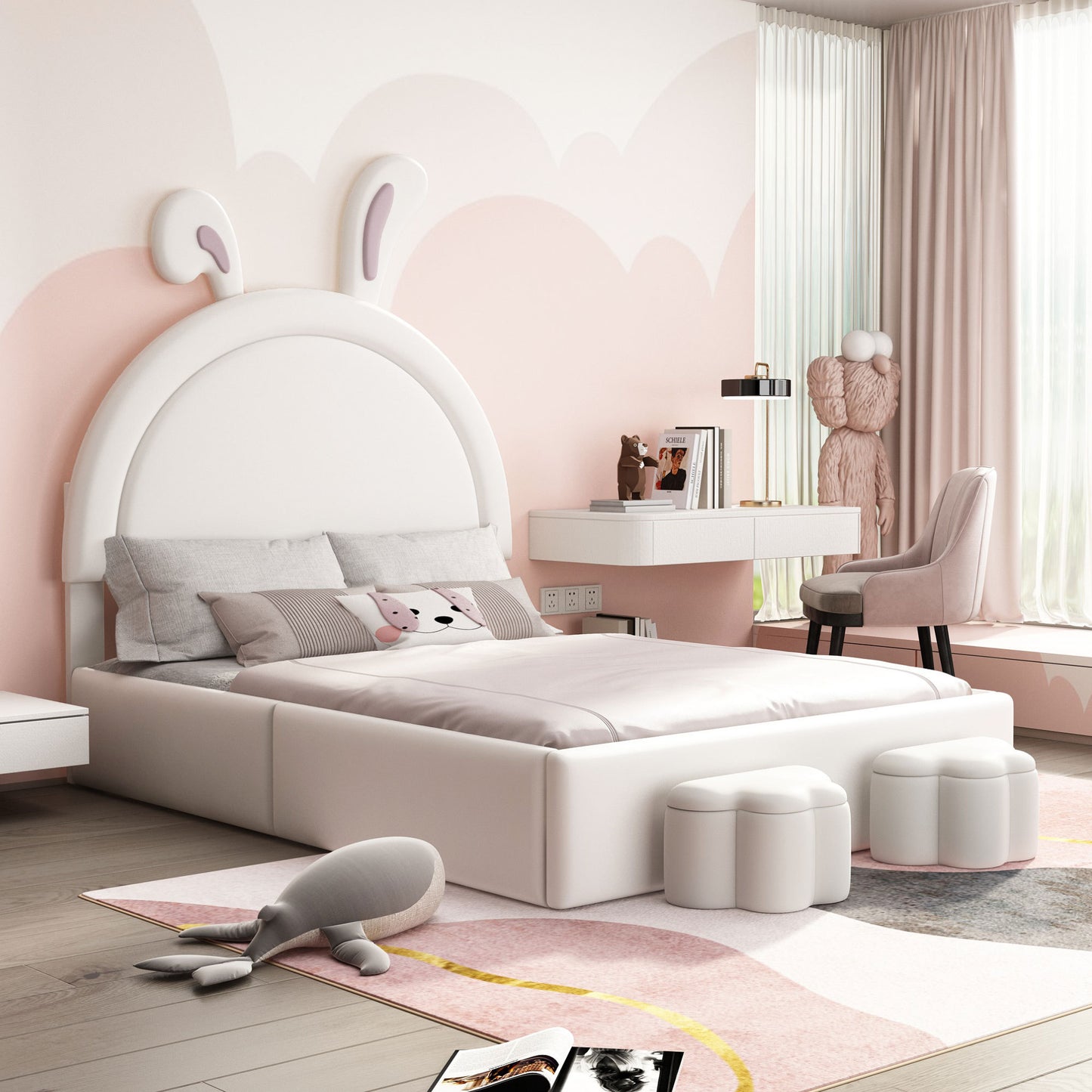 Full size Upholstered Rabbit-Shape Bed with 2 Storage Stools, Velvet Platform Bed with Cartoon Ears Shaped Headboard, White