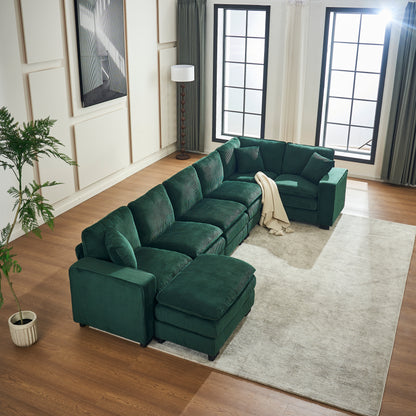 Modern U Shaped 6-seat Sectional Sofa Couch with one Ottoman and three toss pillows ,Modular Sofa for Living Room,Corduroy sofa