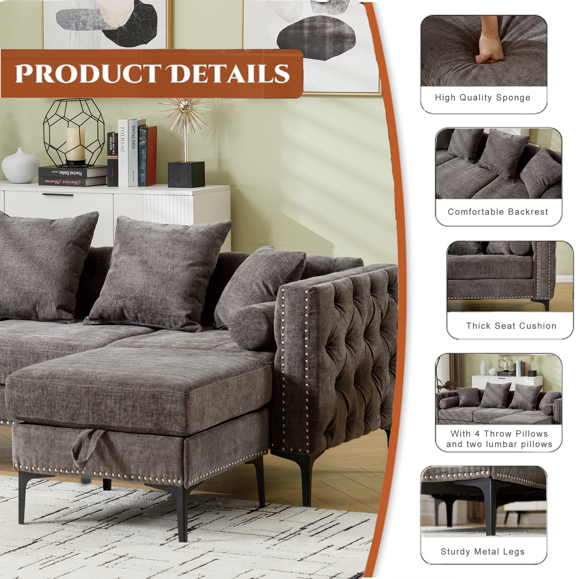 [NEW ARRIVED] [VIDEO PROVIDED]L Shaped Sectional Sofa , Convertible Storage Ottoman,Chenille ,Square Arm,  Modern Tufted Couch ,3 Seater, And Nailhead, Dark gray