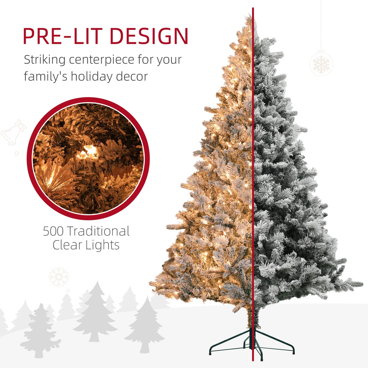 HOMCOM 7.5 ft Pre-Lit Artificial Christmas Tree with 500 Clear Lights and 1530 Tips, Snow Flocked Christmas Tree with Metal Stand, Hinged Xmas Tree for Home Office Holiday, Green