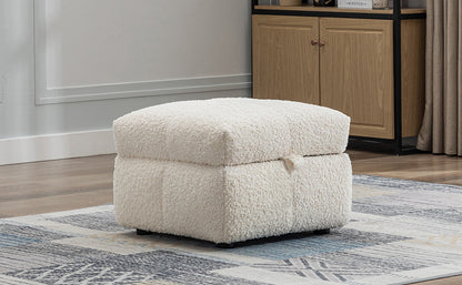 87.7" Sectional Sofa Cozy Teddy Fleece Fabric Sectional Sofa Couch with Two USB Ports a Movable Storage Ottoman and Two Lumbar Pillows for Living Room, Creamy White