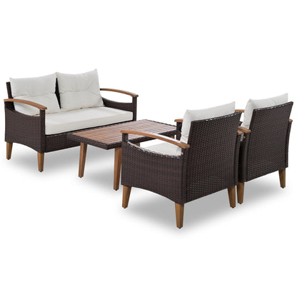 GO 4-Piece Garden Furniture,  Patio Seating Set, PE Rattan Outdoor Sofa Set, Wood Table and Legs, Brown and Beige