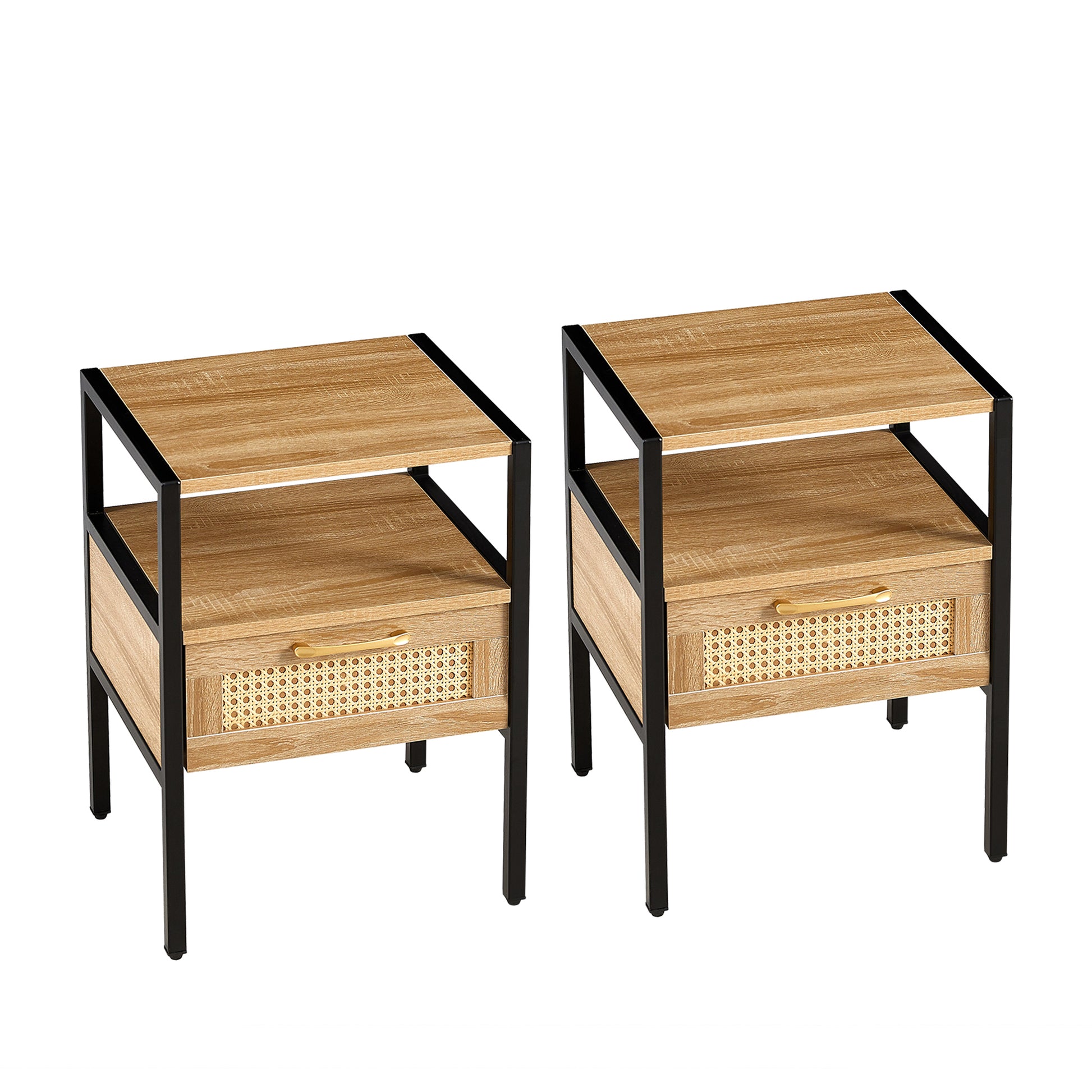 Set of 2, 15.75" Rattan End table with  drawer, Modern nightstand, metal legs,side table for living room, bedroom,natural