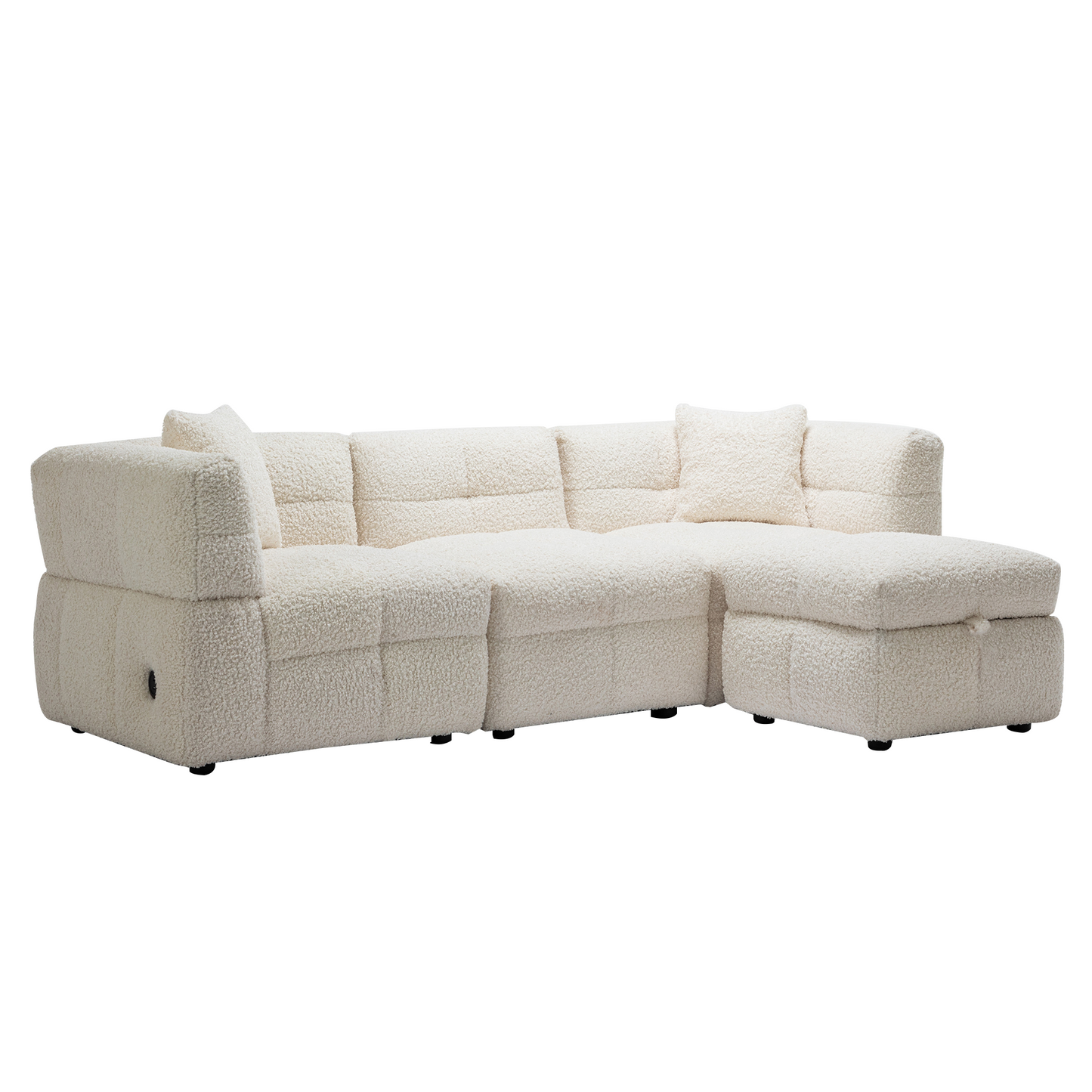 87.7" Sectional Sofa Cozy Teddy Fleece Fabric Sectional Sofa Couch with Two USB Ports a Movable Storage Ottoman and Two Lumbar Pillows for Living Room, Creamy White