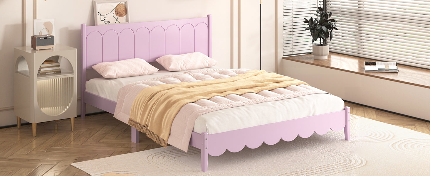 Queen Size Wood Platform Bed Frame, Retro Style  Bed with Rectangular Headboard,No Need Box Spring,Pink