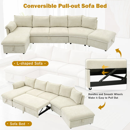 146.9" L-shaped Sofa Sectional Sofa Couch Pull-out Sofa Bed with a Movable Storage Ottoman, a Storage Chaise Lounge and Two USB Ports for Living Room, Beige