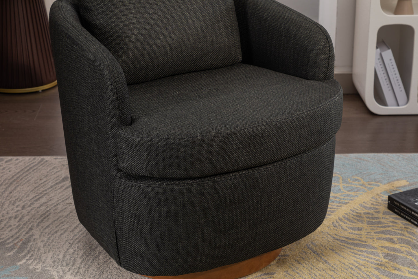 035-Linen Fabric Swivel Accent Chair With Soild Wood Round Brown Base Leg,Dark Gray