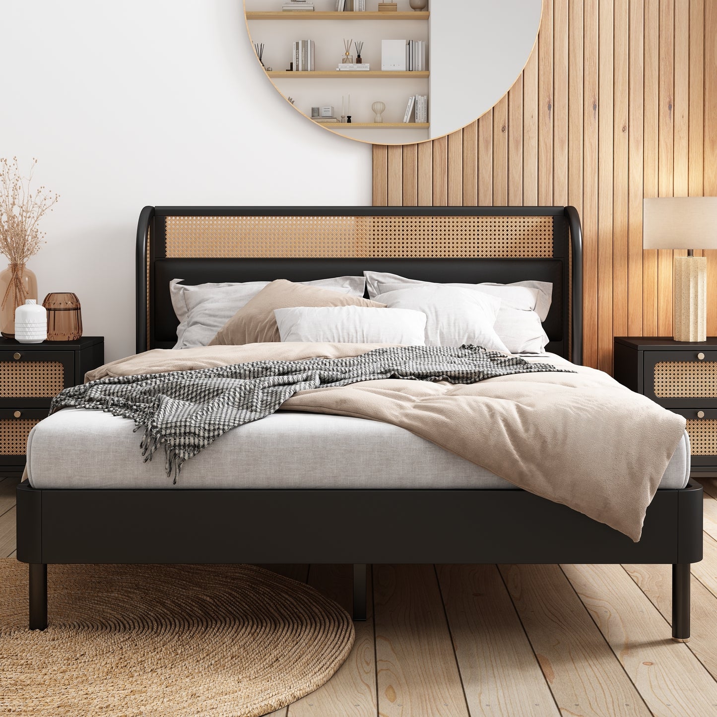 Yara Black 4 Pieces Modern Cannage Rattan Platform Queen Bed + Nightstands (2) + Dresser Set