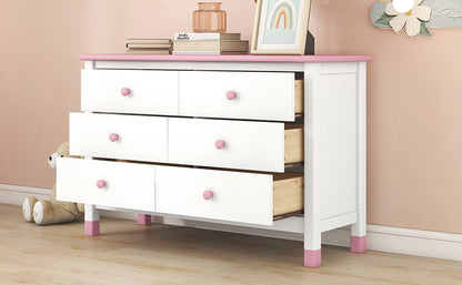 Wooden Storage Dresser with 6 Drawers,Storage Cabinet for kids Bedroom,White+Pink