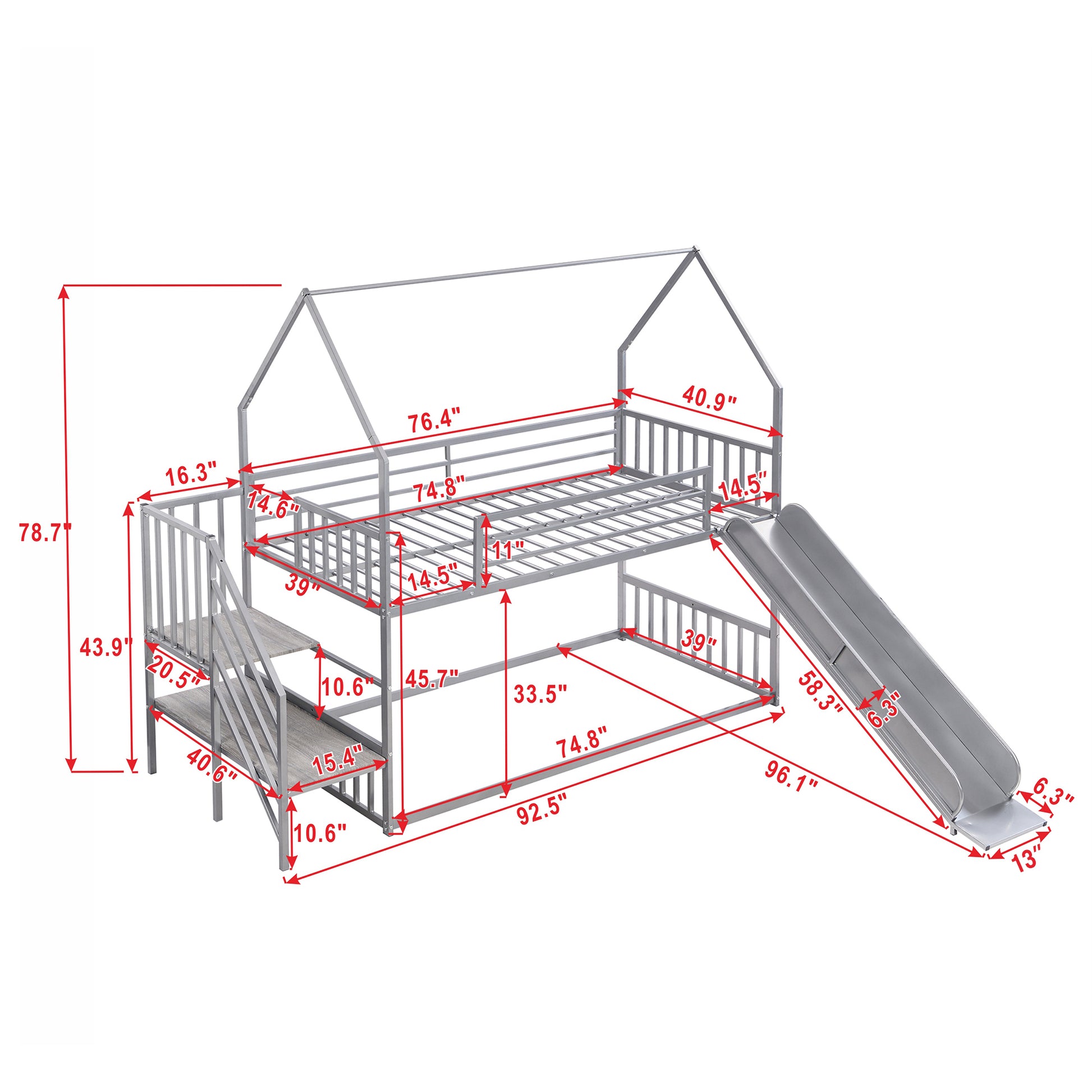 Twin over Twin Metal Bunk Bed House Bed with Slide and Staircase, Silver