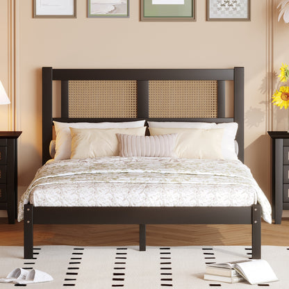 Full Size Wooden Platform Bed with Natural Rattan Headboard, Exquisite Elegance with Minimalist Charm for Bedroom, Black