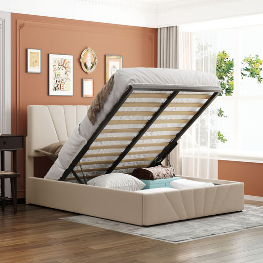 Full size Upholstered Platform bed with a Hydraulic Storage System - Beige