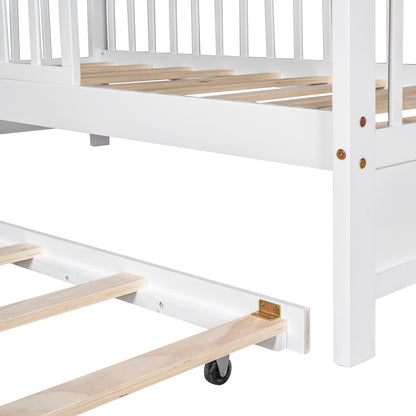 Wooden Twin Size House Bed with Trundle,Kids Bed with Shelf, White