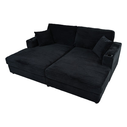 86.5" Oversized Loveseat Chaise Lounge Sectional Sofa Bed Corduroy Sleeper Sofa with Two USB Ports , Two Cup Holders and Two Throw Pillows for Living Room and Bedroom, Black