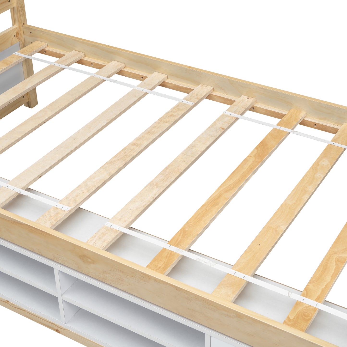 Twin House Bed with Roof Frame, Bedside-shelves, Under Bed Storage Unit,Natural