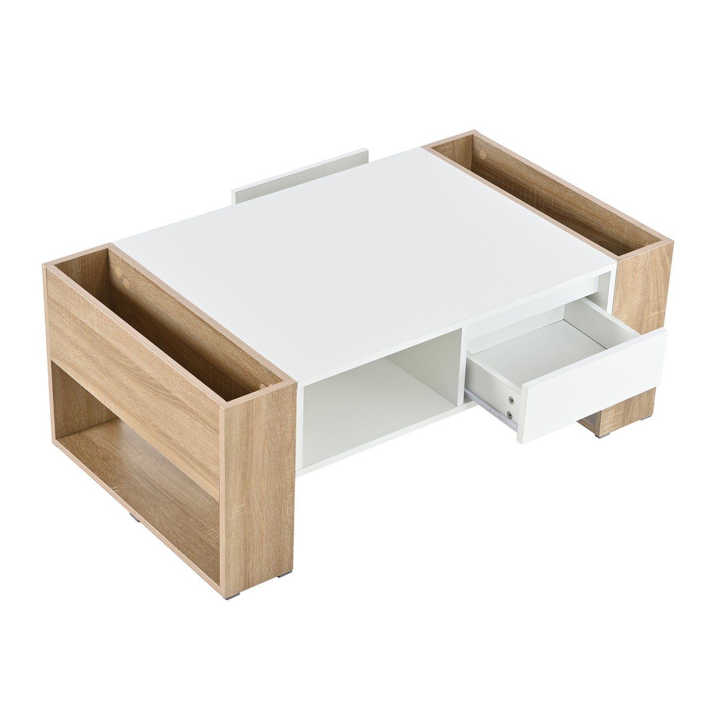 ON-TREND High Glossy Coffee Table with 2 Drawers, Practical Two Tone Center Table with Hidden Compartments, Rectangle Cocktail Table with Open Storage Shelf for Living Room, Bedroom, White, 41.3*23.6"