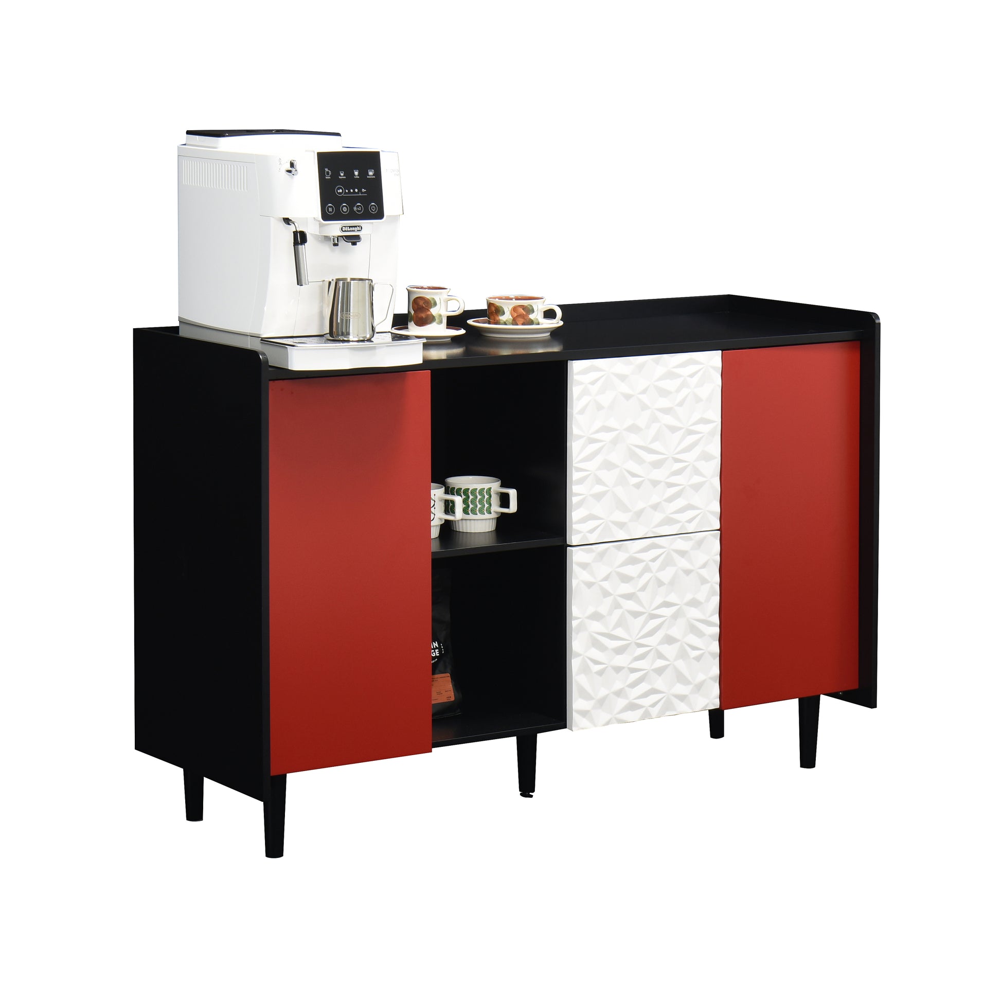 Sideboard Buffet Cabinet, Black Storage Cabinet with Red Doors , 2 Drawers with unique panel styling and 2 Open Storage Compartment, Modern Coffee Bar Cabinet Accent Cabinet for Kitchen, Dining Room,