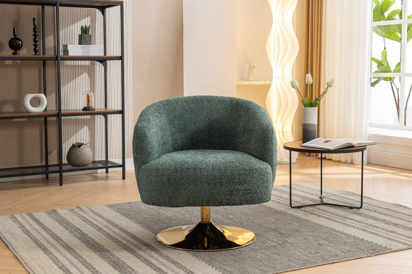 048-Chenille Fabric Accent Swivel Chair With Gold Metal Round Base,Green