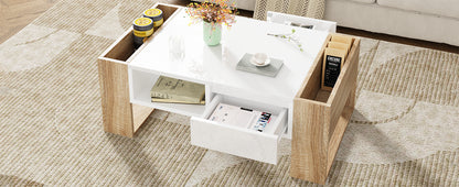 ON-TREND High Glossy Coffee Table with 2 Drawers, Practical Two Tone Center Table with Hidden Compartments, Rectangle Cocktail Table with Open Storage Shelf for Living Room, Bedroom, White, 41.3*23.6"