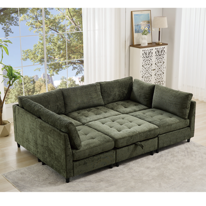 [NEW ARRIVED] [VIDEO PROVIDED]   Modular Sectional Couch with Storage Ottoman, U Shaped Sofa, Storage Ottoman,Minimalist ,Convertible Modular Sofa,Chenille ,Upholstered,6 Seat,Living Room,   Green