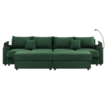 123.2" Modern Style 4-seater Sofa Sectional Sofa Couch with Storage Space, Two Movable Ottomans, Two USB Ports, Two Cup Holders, A Phone Holder for Living Room, Green