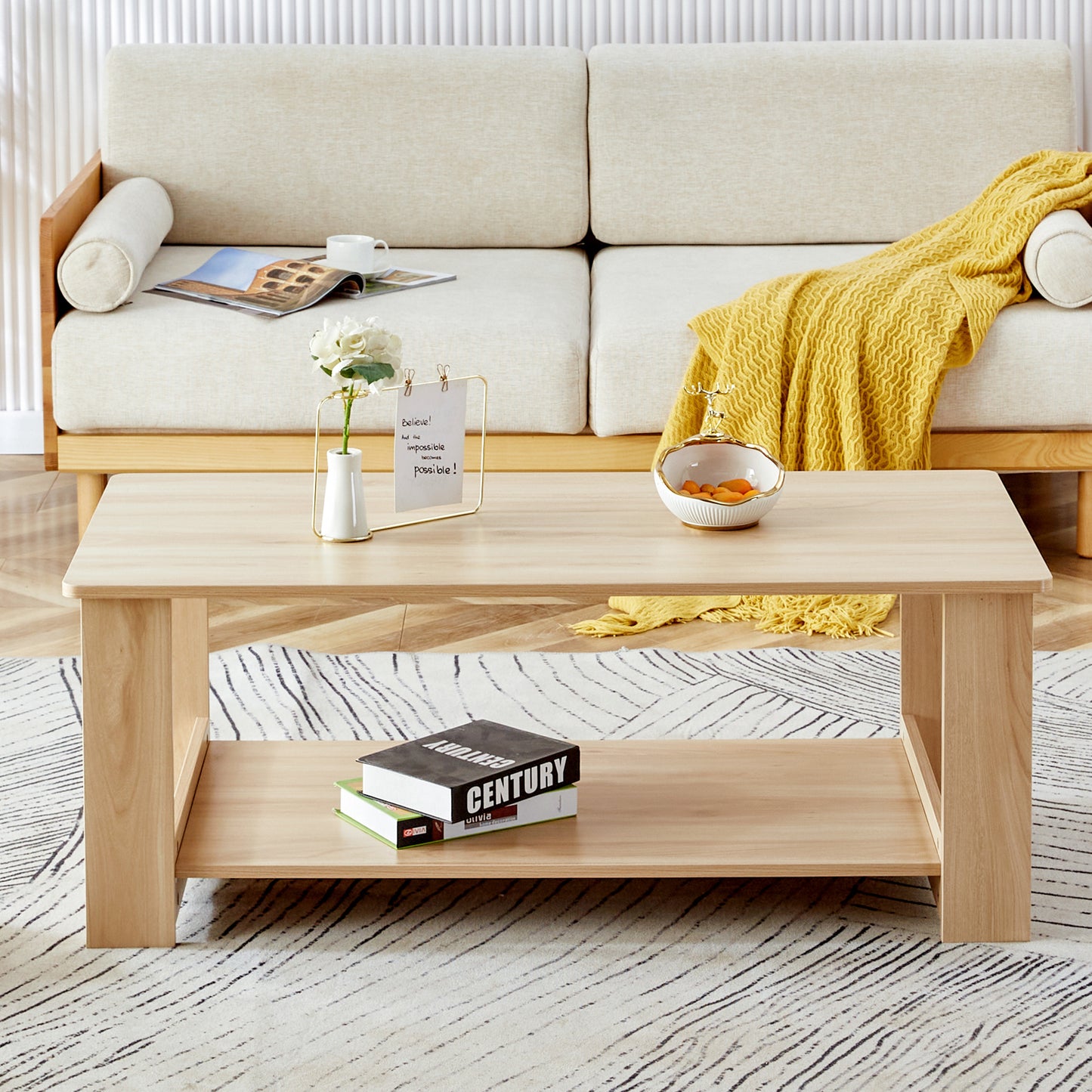 A modern and practical log colored textured coffee table,tea table. The double-layer coffee table is made of MDF material. Suitable for living room 43.3"*21.6"*16.5"