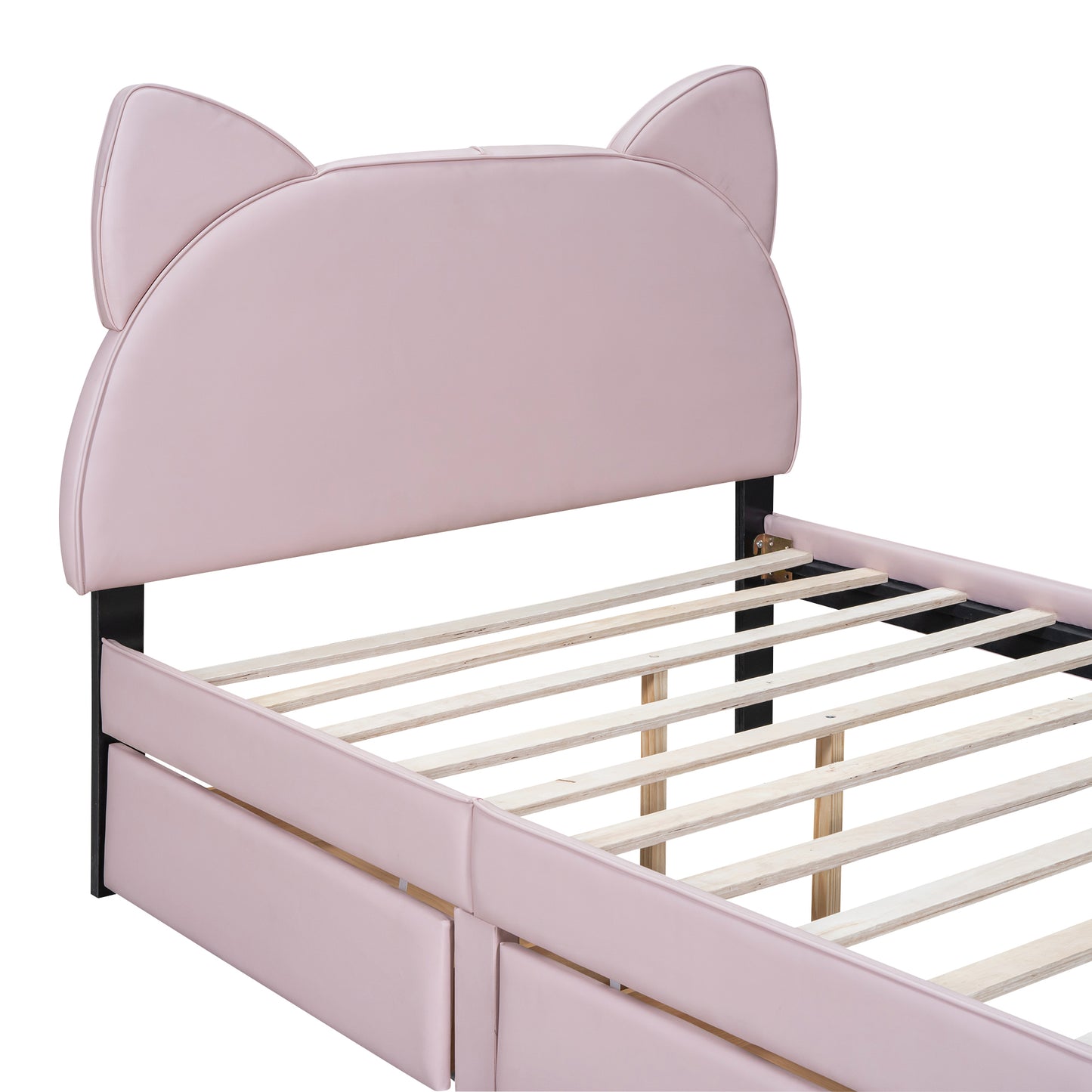 Full Size Upholstered Platform Bed with Cartoon Ears Shaped Headboard and 2 Drawers, Pink