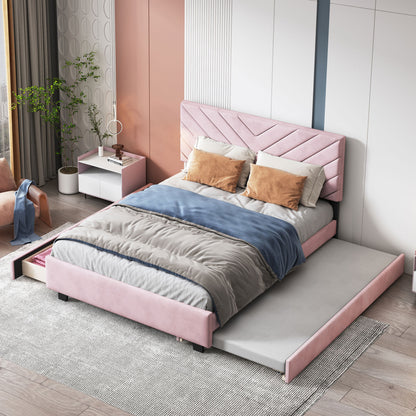 Queen Size Upholstered Platform Bed with Twill Headboard, Pullout Bed and Two Drawers, Flannel,Pink