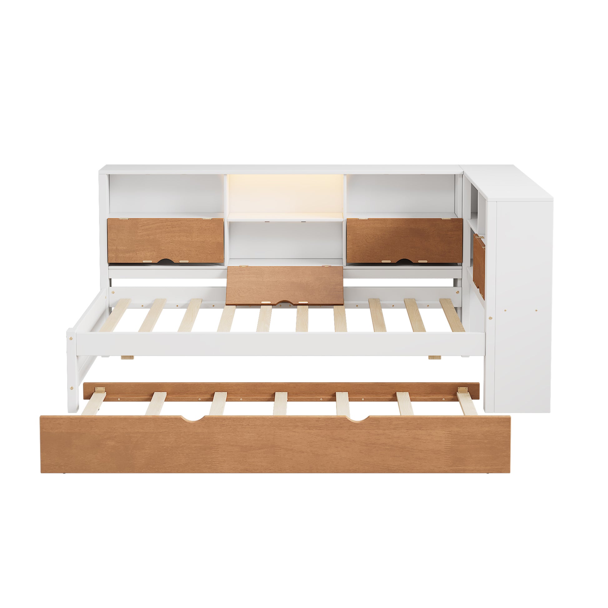 L-Shaped Bed Frame with Trundle and and Bookcase,Corner Bed Wooden Captain Bed with Led Downlight and USB Port for Small Room,Bedroom, Guest Room, Twin Size, Walnut and White