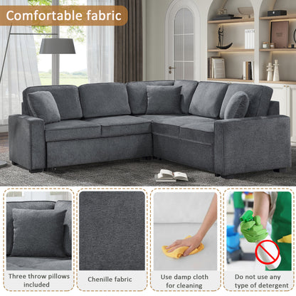 Modular Sofa, Sectional Couch L Shaped Sofa Couch with Pullout Sleeper, 5 Seat Chenille Corner Sofa for Living Room, 3 Pillows Included, Dark Gray