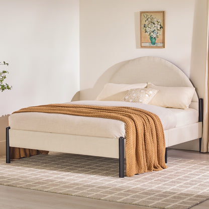 Modern Upholstered Curved Headboard Queen Bedframe – Oatmeal