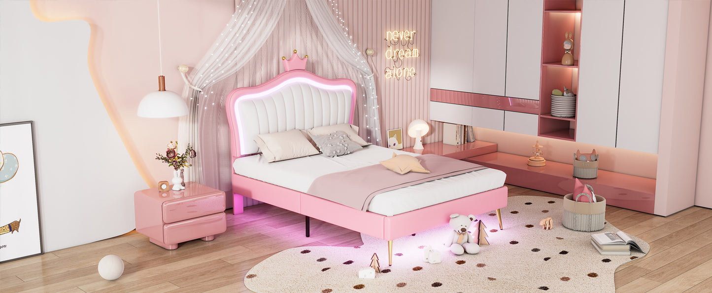 Queen Size Upholstered Bed Frame with LED Lights,Modern Upholstered Princess Bed With Crown Headboard,White+Pink