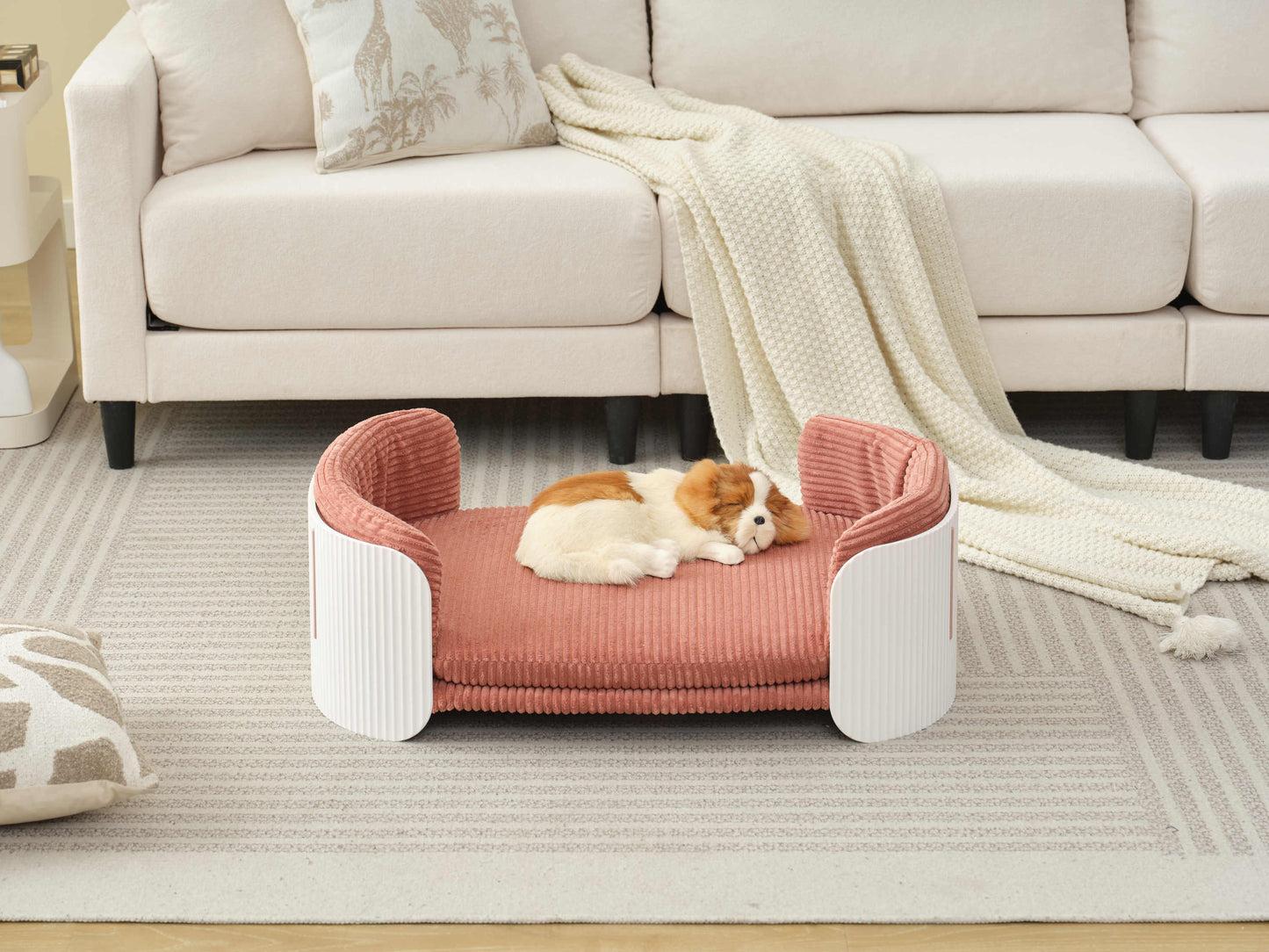 Scandinavian style Cat Couch Bed, Pet Sofa for Indoor Cats PP Indoor Pet Furniture Elevated Cat Beds with Removable Mattress Cover Suitable for Kitty, Puppy or Small Animal  Brand Design  White Pink