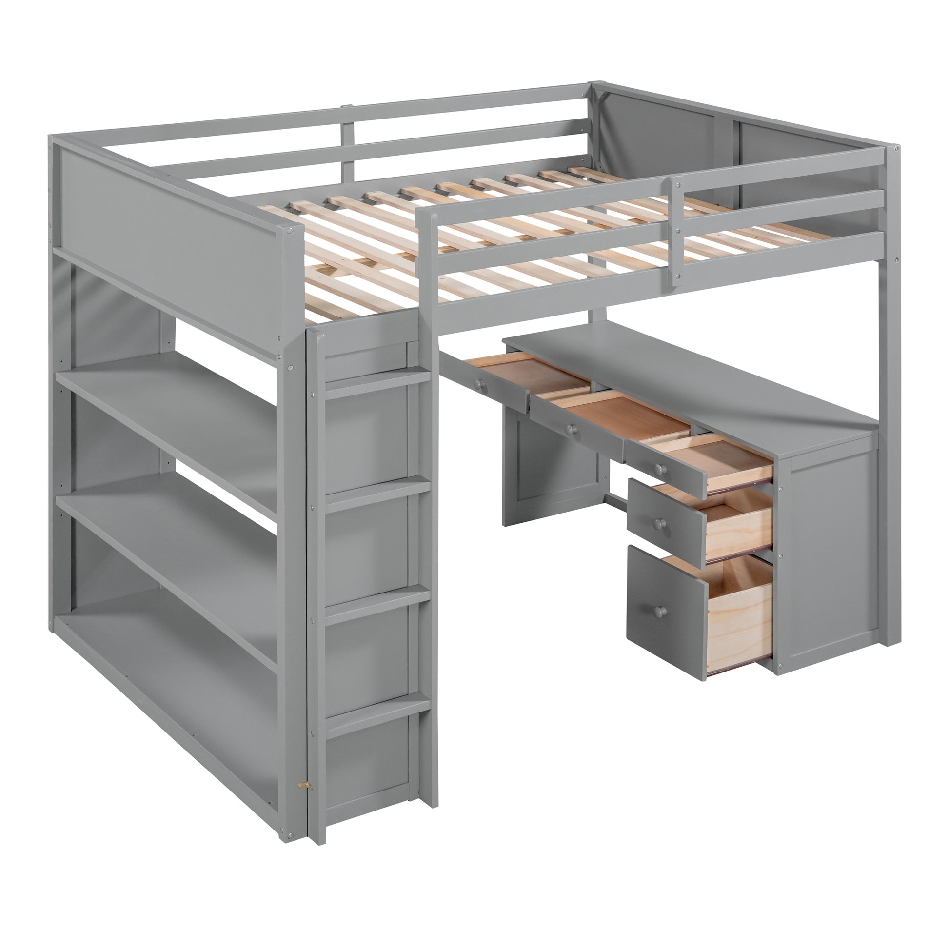 Full Size Loft Bed with Ladder, Shelves, and Desk, Gray