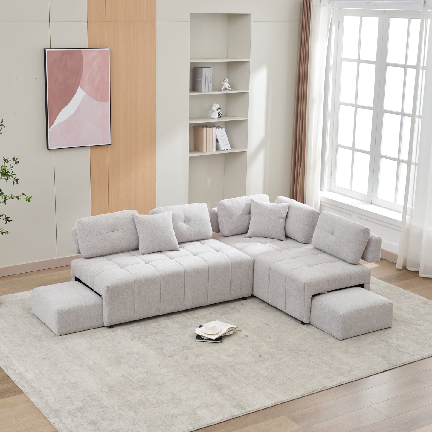 91.73" L-shaped Sofa Sectional Sofa Couch with 2 Stools and 2 Lumbar Pillows for Living Room, Light Grey