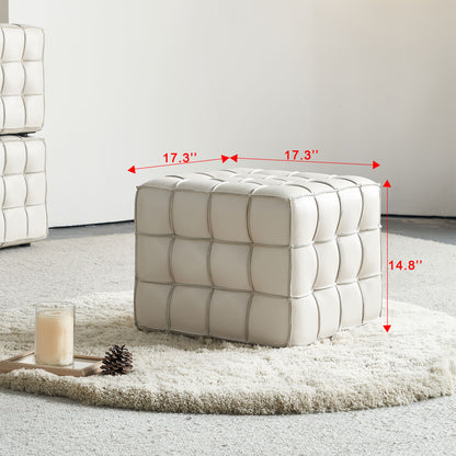 17.32''W Genuine Leather Tufted Ottoman,Footstool for Living Room & Bedroom,Beige Color