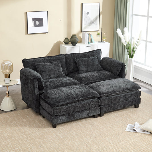 UNITED WE WIN Chenille fabric, solid construction, the overall structure of the sofa is stable, detachable armrests, two foot stools and two-seat sofa with side pockets