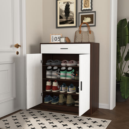 Shoe Cabinet, 4-Tier Shoe Rack Organizer with 1 Drawer, Freestanding Wooden Shoe Storage Cabinet with 2 White Door & Adjustable Shelves for Entryway Hallway