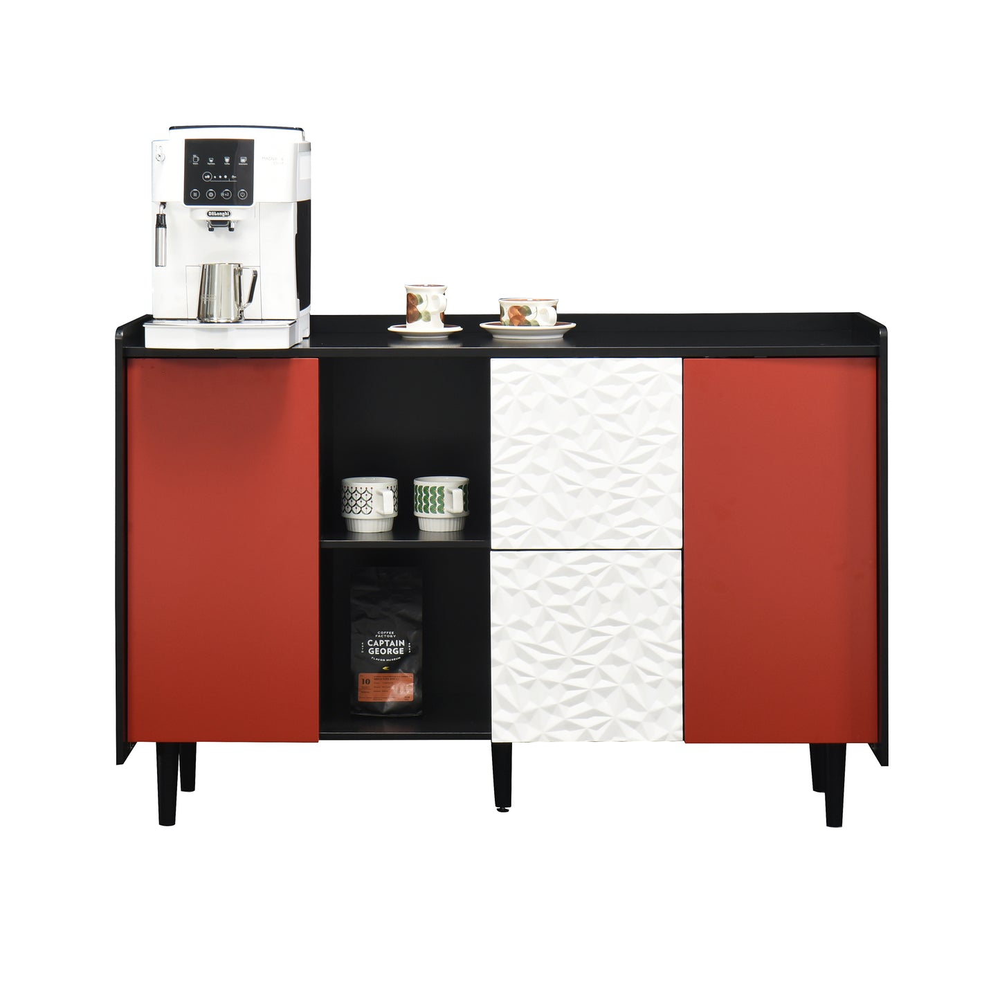 Sideboard Buffet Cabinet, Black Storage Cabinet with Red Doors , 2 Drawers with unique panel styling and 2 Open Storage Compartment, Modern Coffee Bar Cabinet Accent Cabinet for Kitchen, Dining Room,