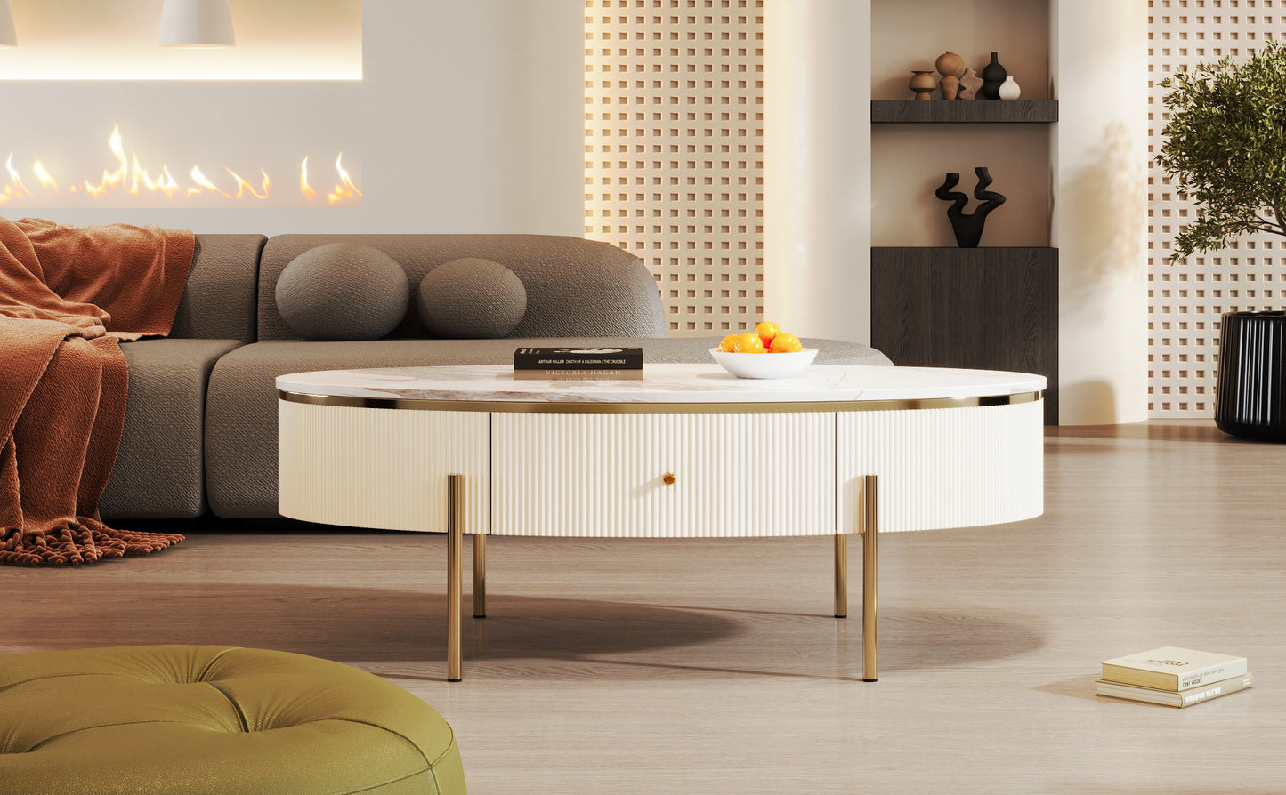 Modern Oval Coffee Table with 2 large Drawers Storage Accent Table