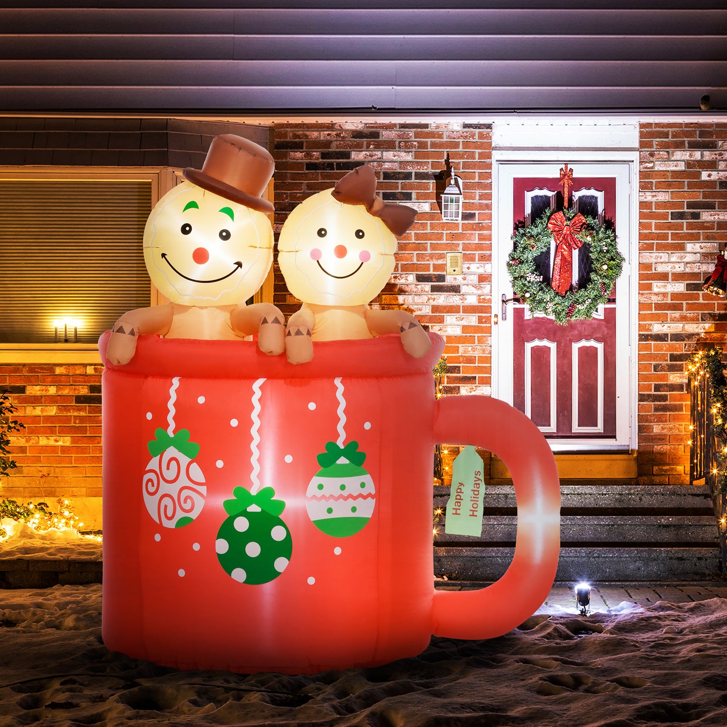 Outsunny 6FT Christmas Inflatable Couple Gingerbread Man in Hot Cocoa Mug, Giant Christmas Inflatables, Huge Blow Up Christmas Decorations with LED Lights for Indoor, Outdoor, Yard, Party