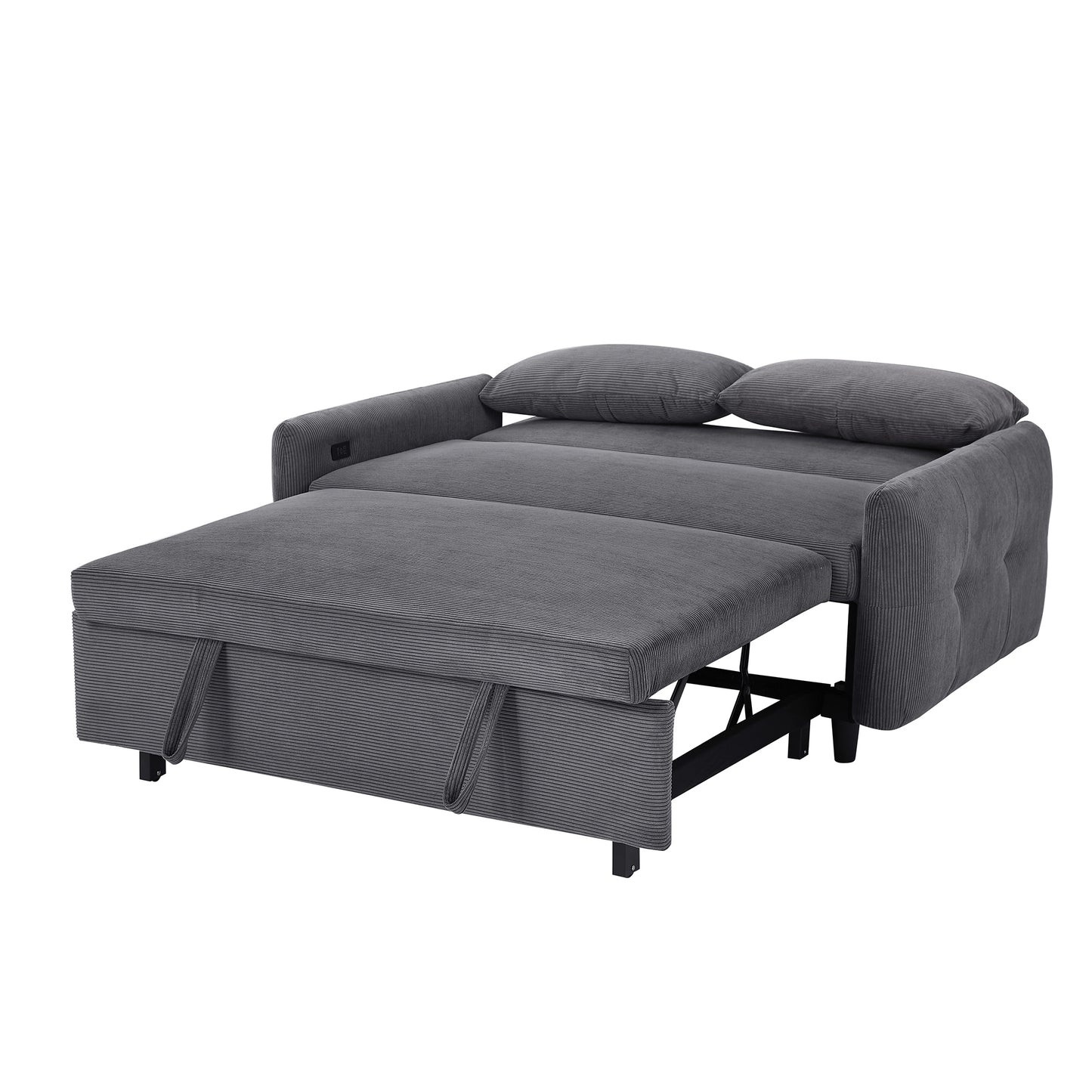 57.48" Pull-out Sofa Bed Convertible Couch 2 Seat Loveseat Sofa Modern Sleeper Sofa with Two Throw Pillows and USB Ports for Living Room, Dark Grey