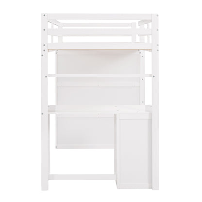 Twin size Loft Bed with Drawers,Desk,and Wardrobe-White