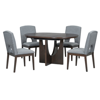 TOPMAX Modern 5-Piece Extendable Round Dining Table Set with 16.2inch Removable Leaf for Small Places, Espresso+Gray