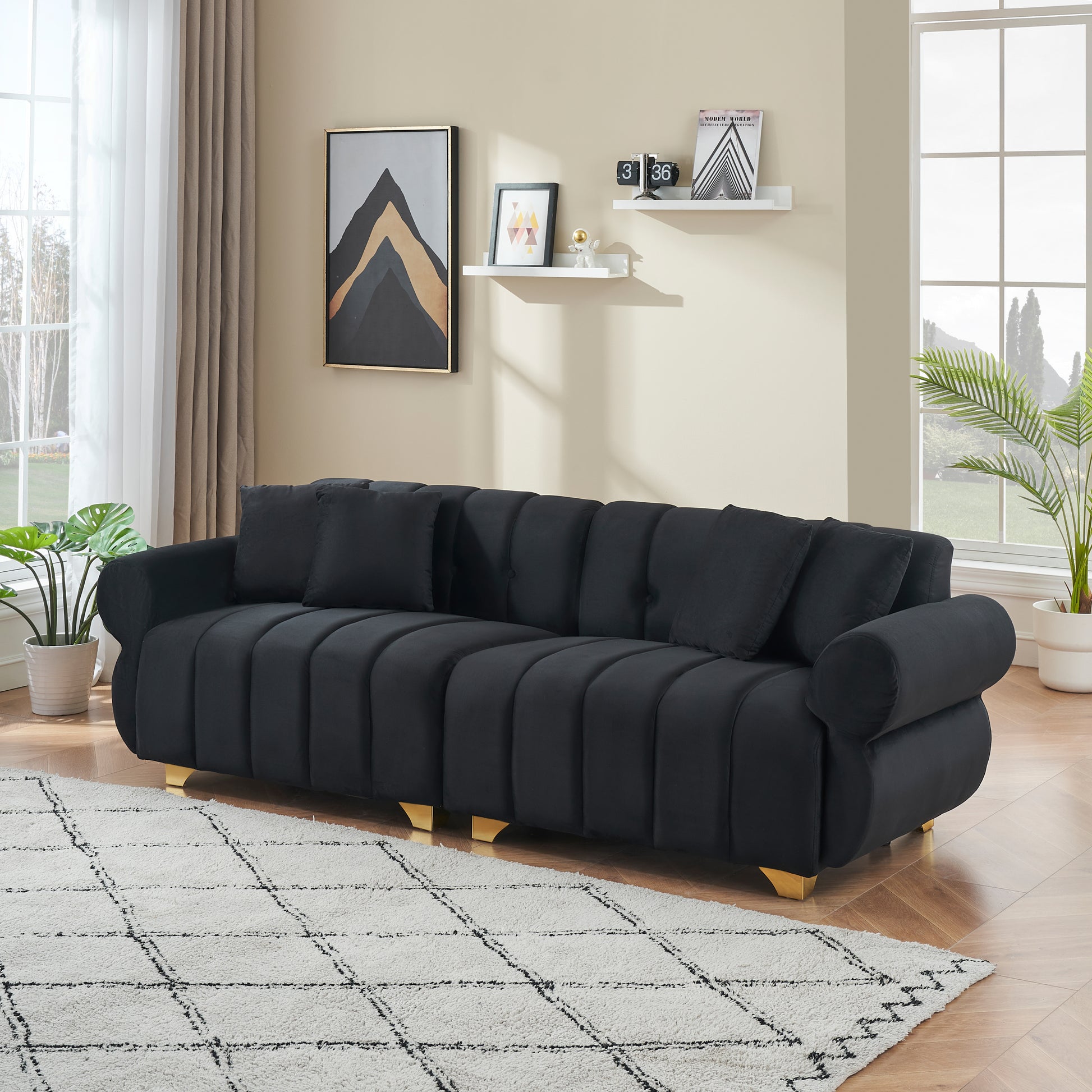 89-inch spring-wrapped cushions, 3 flannelette sofas, stylish metal feet and 4 throw pillows make for a modern living room bedroom