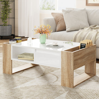 ON-TREND High Glossy Coffee Table with 2 Drawers, Practical Two Tone Center Table with Hidden Compartments, Rectangle Cocktail Table with Open Storage Shelf for Living Room, Bedroom, White, 41.3*23.6"